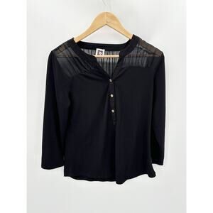 Anne Klein Top Women SIZE Medium Black Long Sleeve Split V-Neck Button Detail